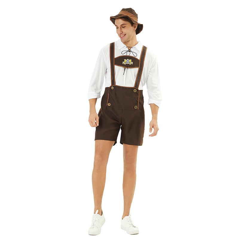 Herren kurze Trachtenlederhose mit besticktem Brustlatz