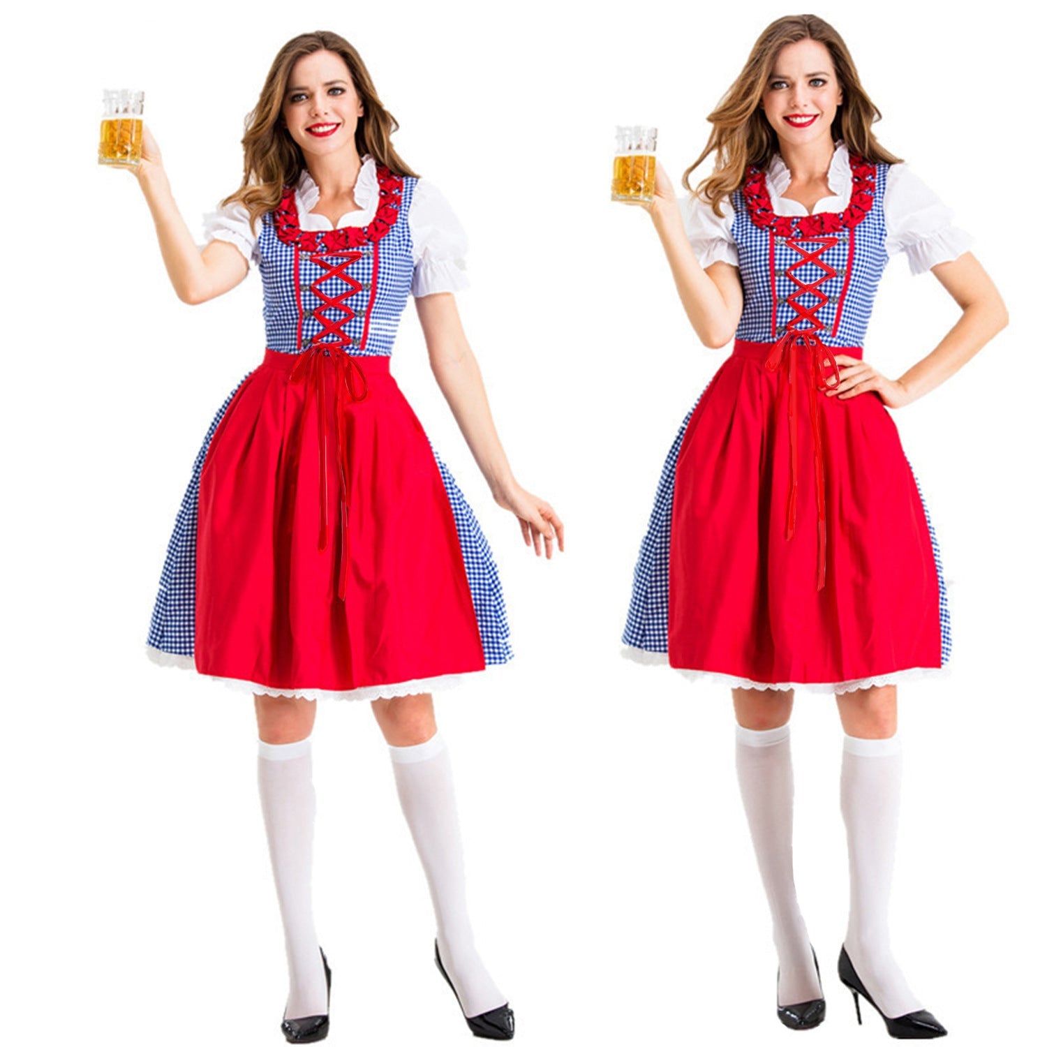 Damen Karo-Dirndl mit Rüschenkragen und Schnürung