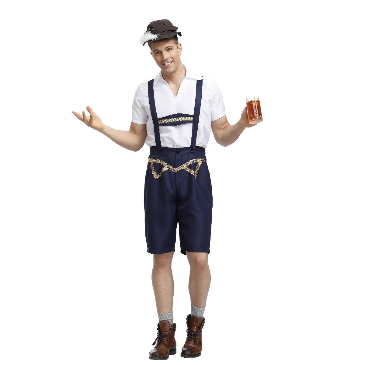 Herren kurze Lederhose mit Trägern und Stickerei