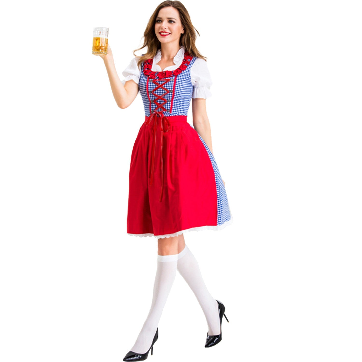 Damen Karo-Dirndl mit Rüschenkragen und Schnürung