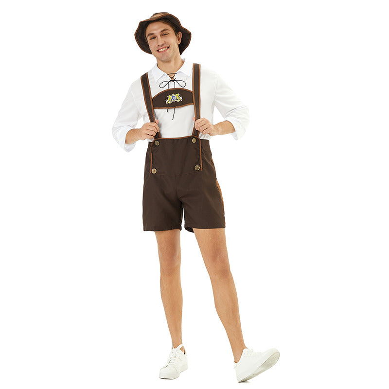 Herren kurze Trachtenlederhose mit besticktem Brustlatz