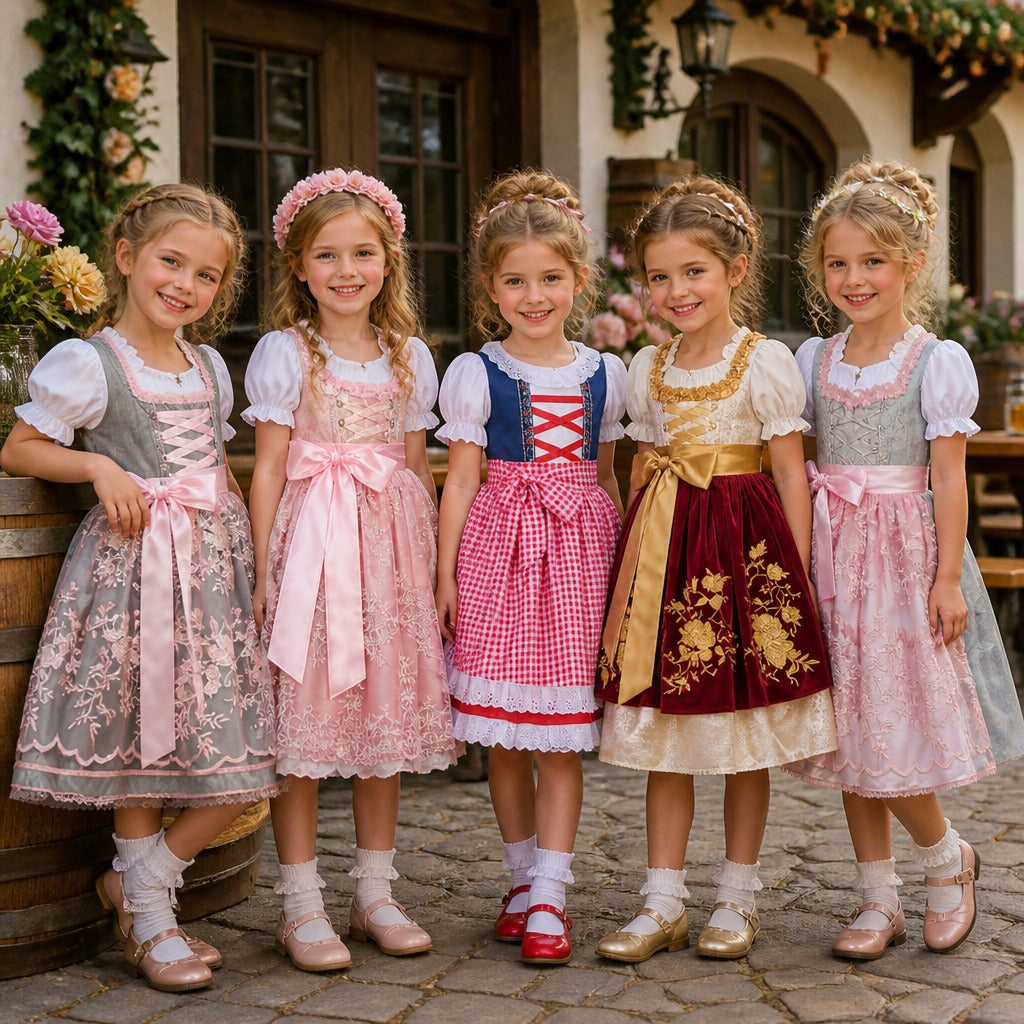 Mädchen Dirndl mit bestickter Schürze und Rüschenbluse