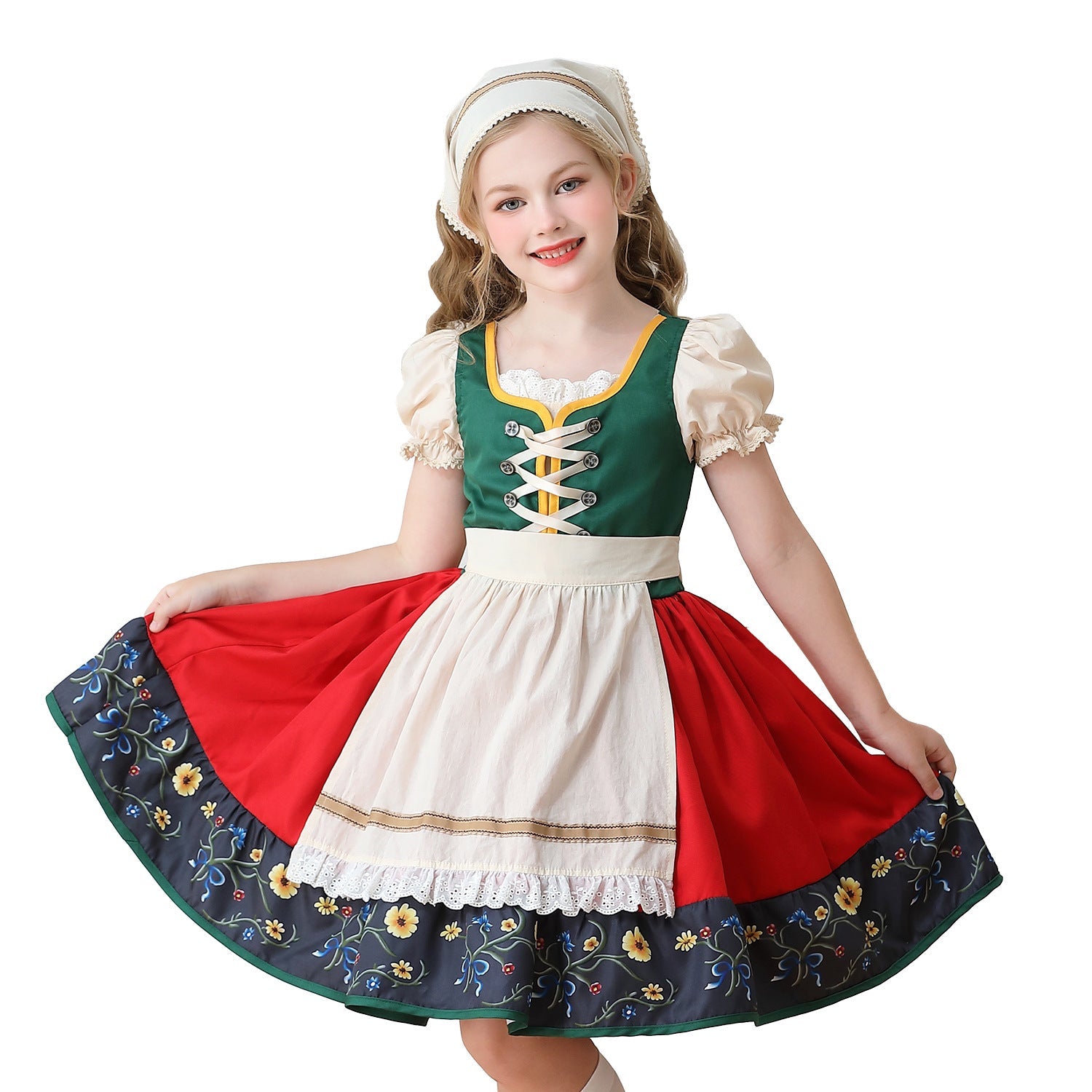 Mädchen Trachtenkleid mit Schürze und Kopftuch