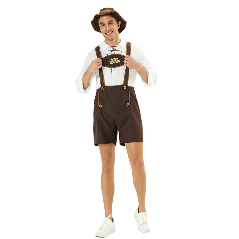 Herren kurze Trachtenlederhose mit besticktem Brustlatz