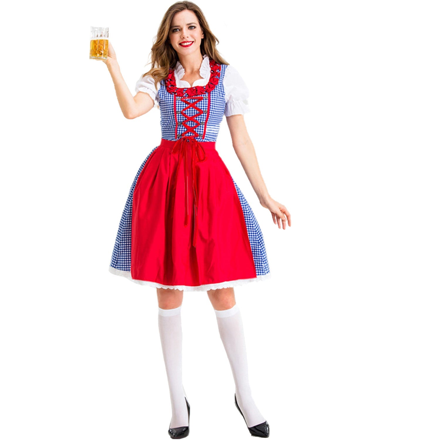 Damen Karo-Dirndl mit Rüschenkragen und Schnürung