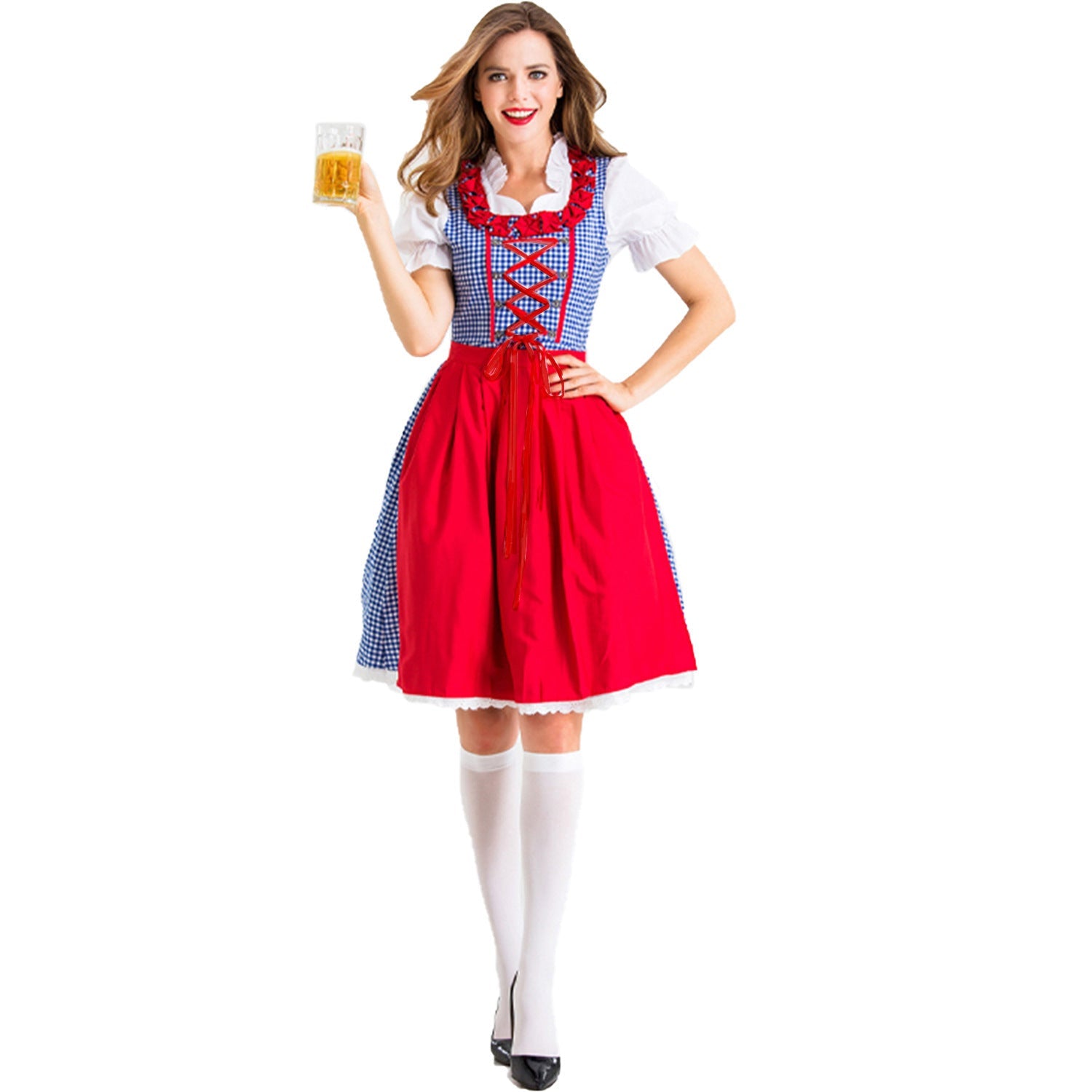 Damen Karo-Dirndl mit Rüschenkragen und Schnürung