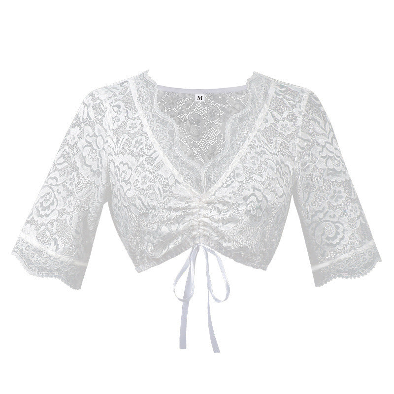 Damen Spitzenbolero Bluse mit Stehkragen