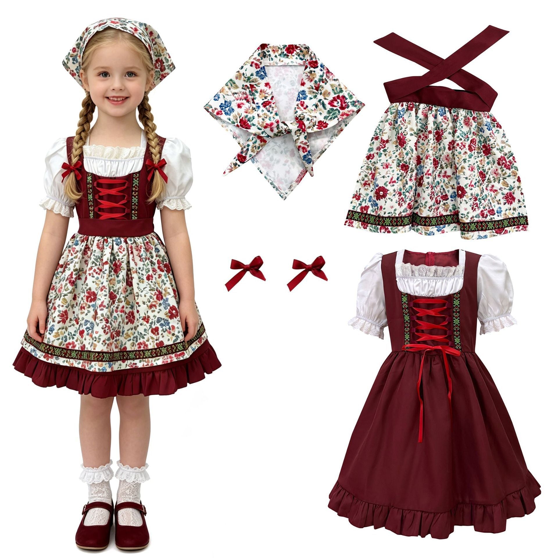 Mädchen Trachtenkleid mit Schürze und Haarband