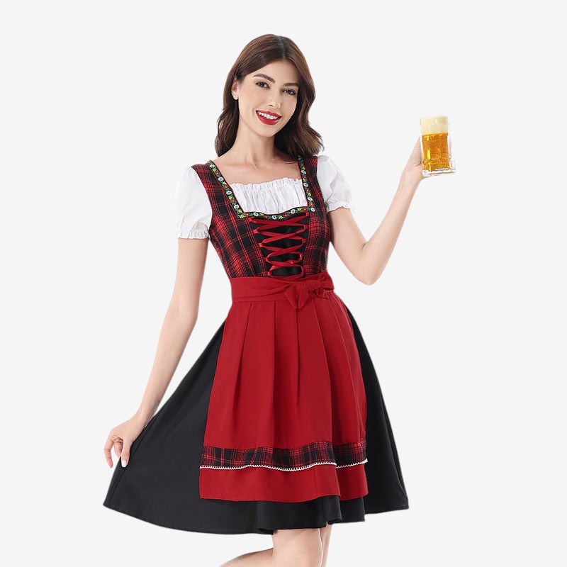 Damen Dirndlkleid mit kariertem Mieder und Puffärmeln