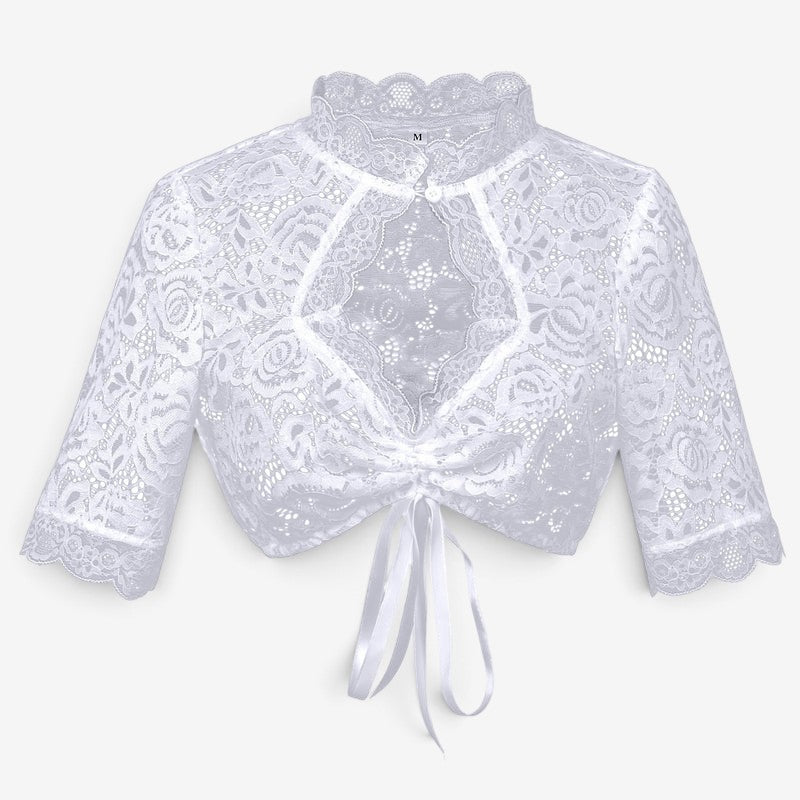 Damen Spitzenbolero Bluse mit Stehkragen