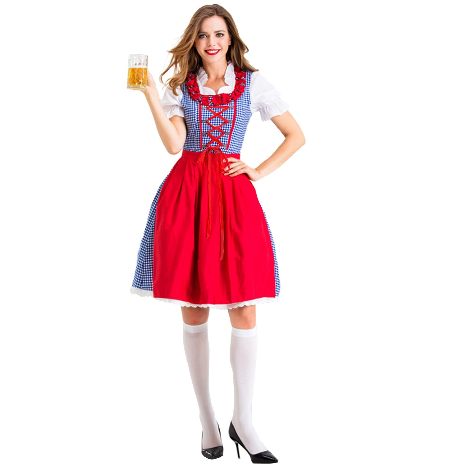 Damen Karo-Dirndl mit Rüschenkragen und Schnürung