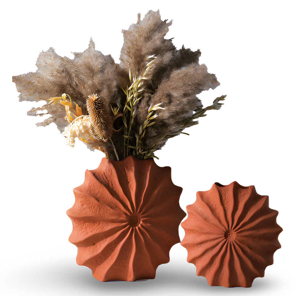 Rustikale Rote Plissiert Keramikvase - Geometrischer Blumentopf aus Terrakotta