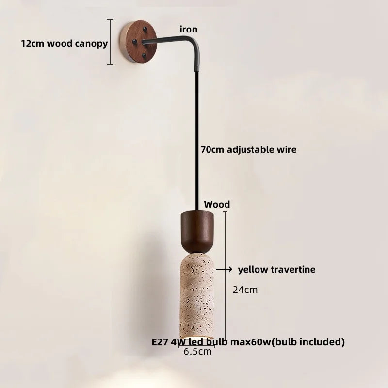 Lumera - Wandleuchte aus Travertin und Holz mit Zugschalter