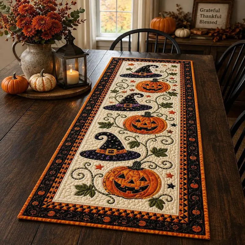 PumpkinDecor - Halloween-Tischläufer mit Kürbissen und Hexenhüten