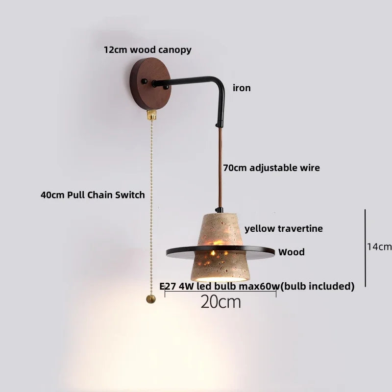 Lumera - Wandleuchte aus Travertin und Holz mit Zugschalter