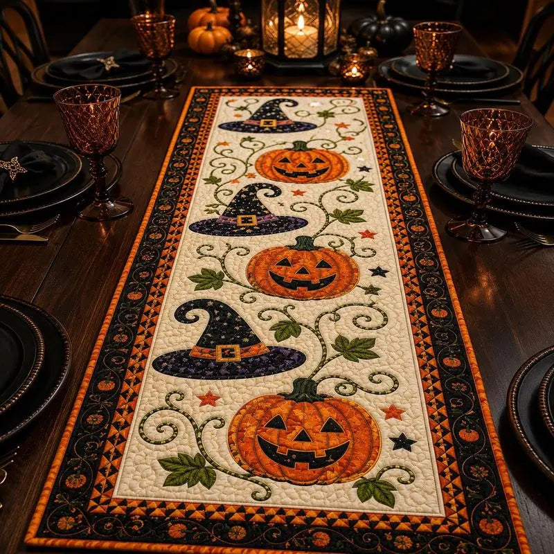 PumpkinDecor - Halloween-Tischläufer mit Kürbissen und Hexenhüten