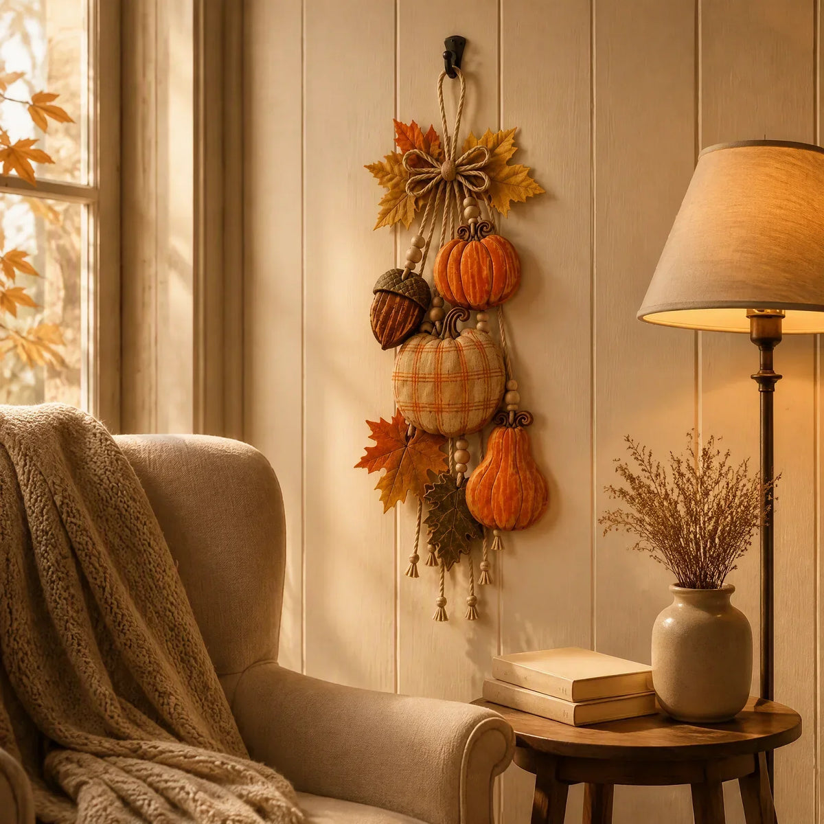 Pumpkinra - Kürbis-Wanddekoration mit Stoff- und Holzelementen
