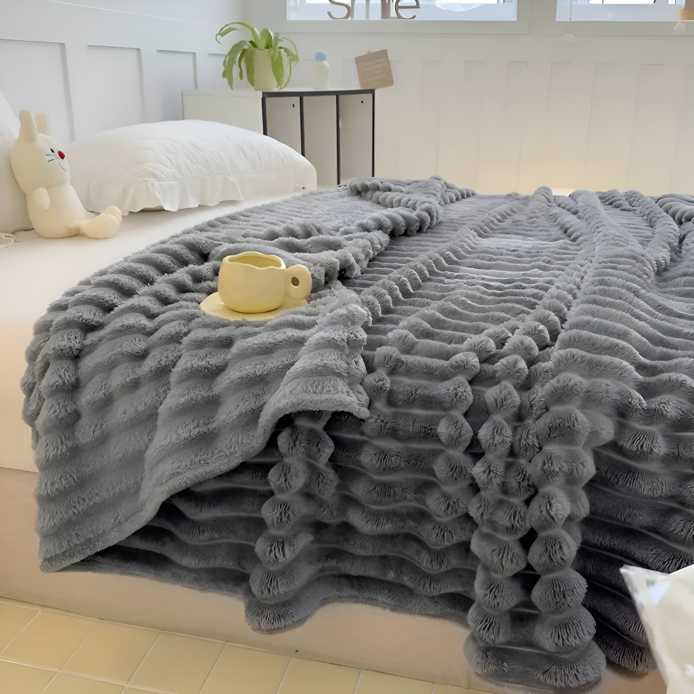 StripyFaux Plaid - Dicke Gerippte Plüschdecke Grau Camel Fleece Decke - Weiche Kuscheldecke