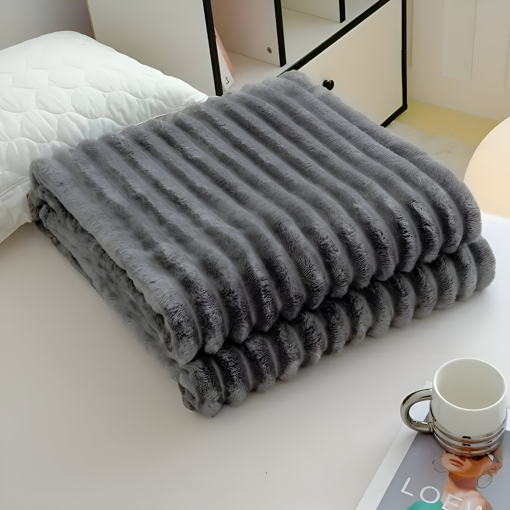 StripyFaux Plaid - Dicke Gerippte Plüschdecke Grau Camel Fleece Decke - Weiche Kuscheldecke