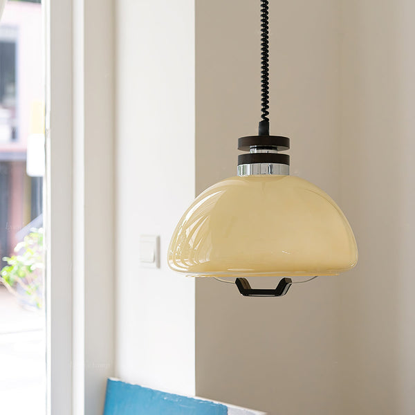 Halona - Pudding-Pendelleuchte aus Glas, Metall und Holz