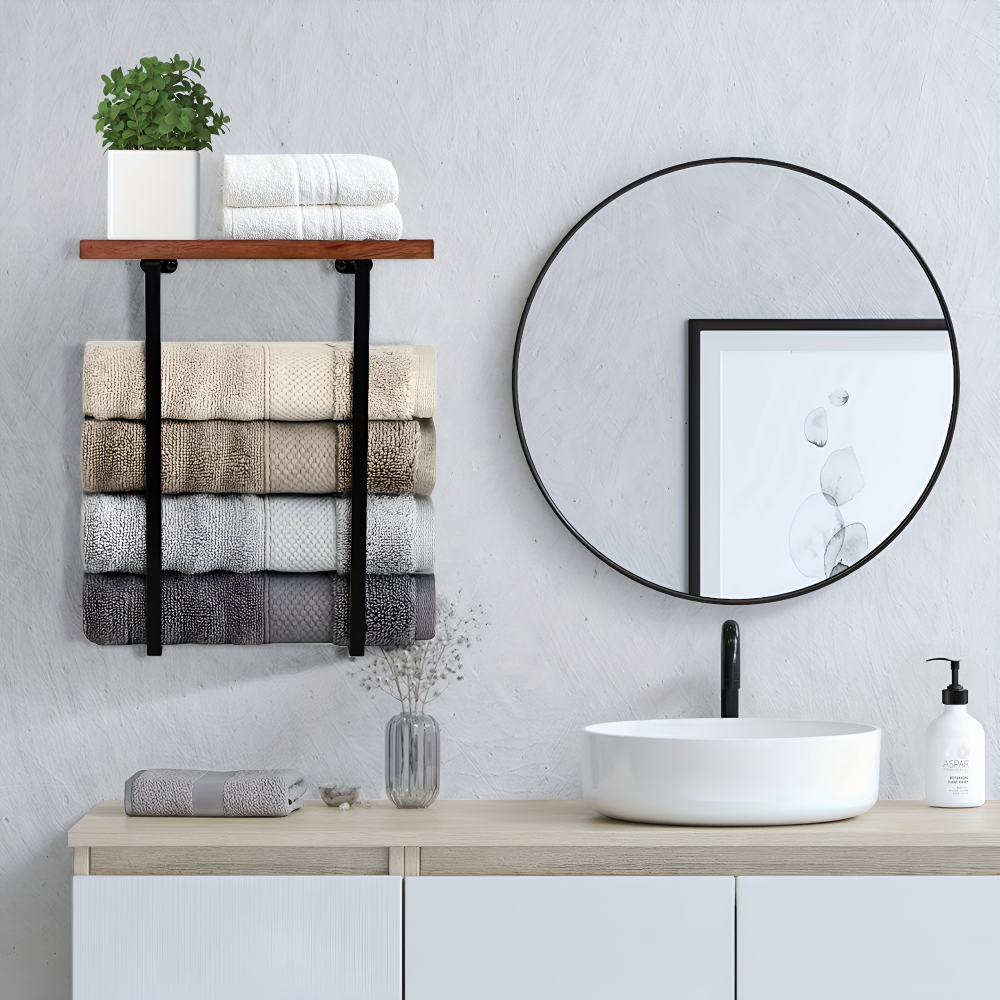 Wandmontierter Doppelstangen Handtuchhalter - Bohrfreien Eisenholz Handtuchhalter für Badezimmer