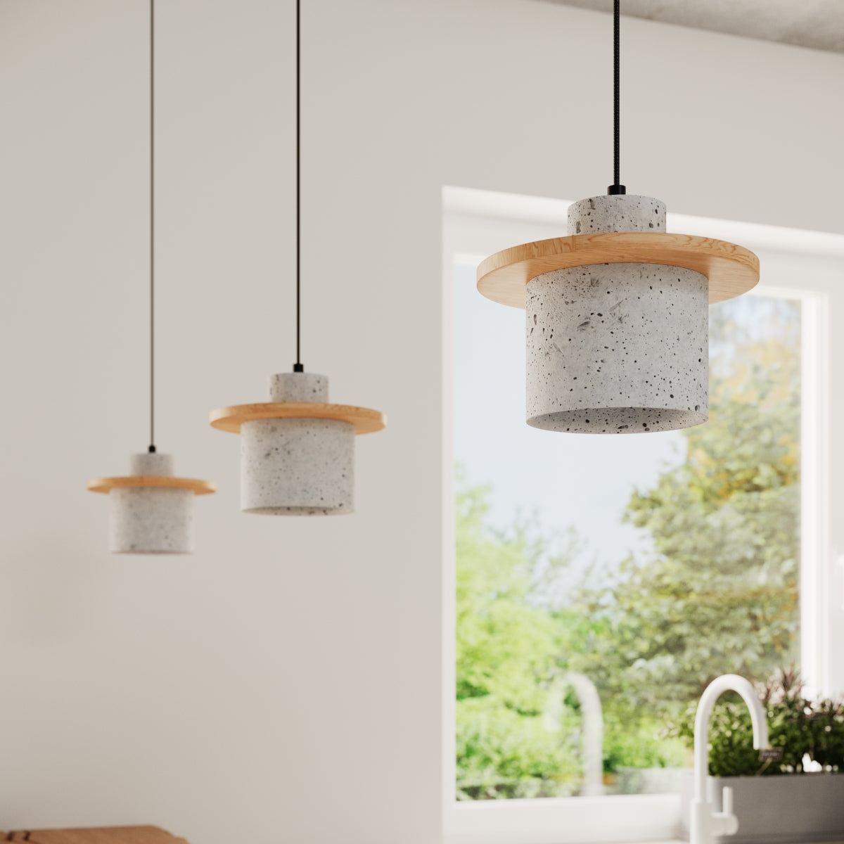 Plafona - Pendelleuchte aus Beton und Holz, Fassung E27