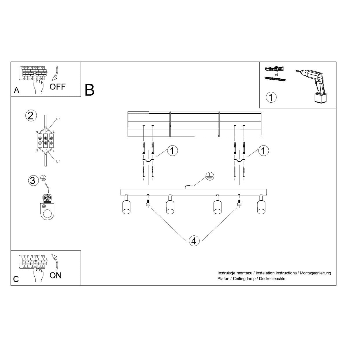 Polara - 4-flammige Deckenleuchte, schwarz/kupferfarben