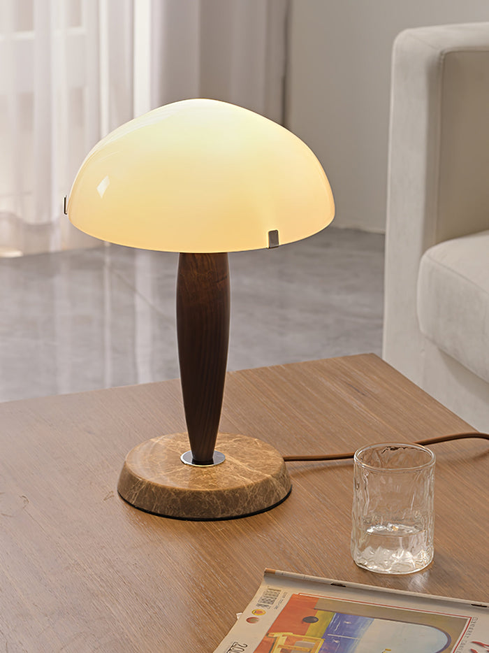 Mesalux - Elegante Tischlampe aus Glas & Walnuss mit Marmor