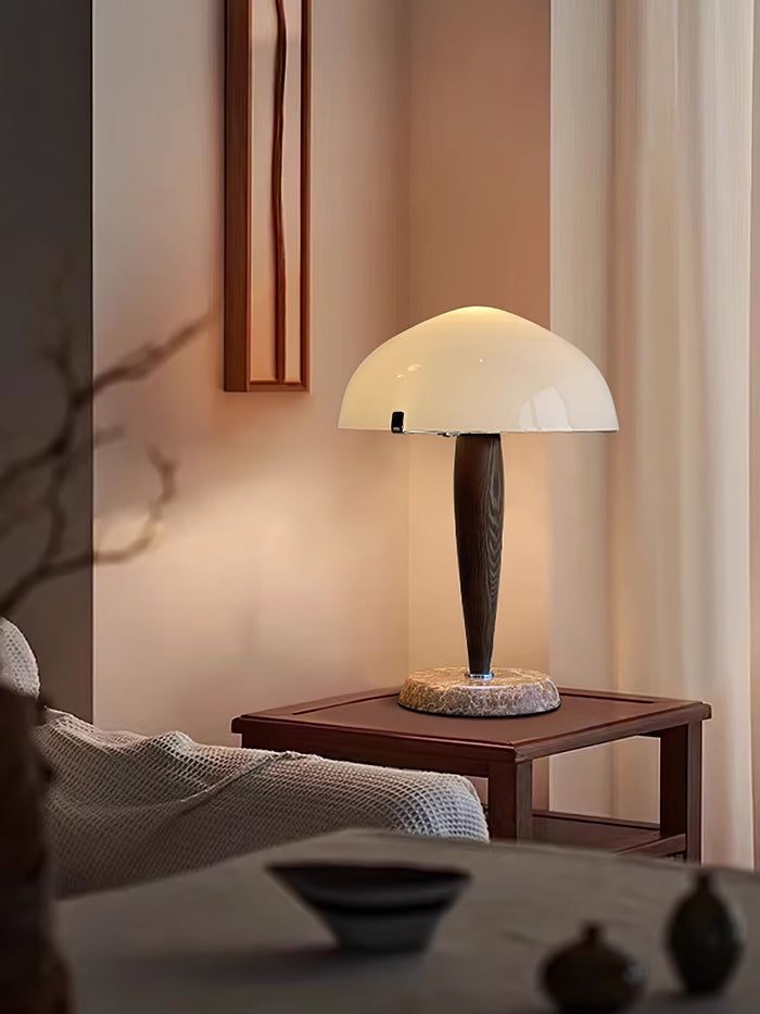 Mesalux - Elegante Tischlampe aus Glas & Walnuss mit Marmor