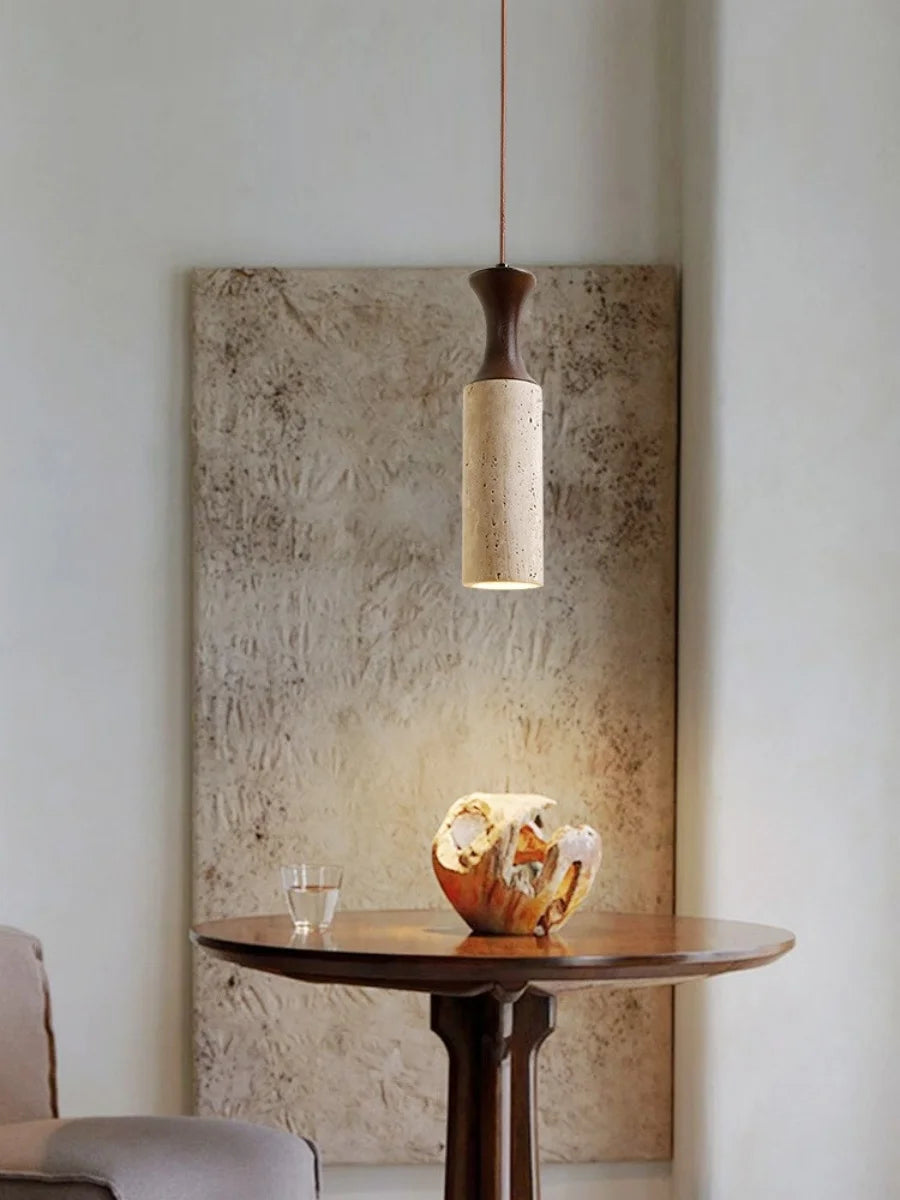 Wabi - Sabi Pendelleuchte aus Travertin und Holz