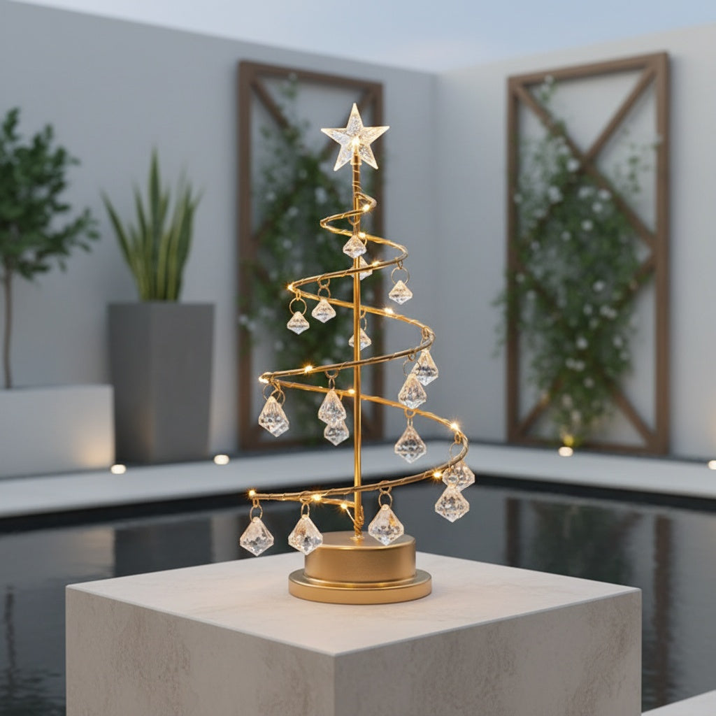 CrystalSpira - Beleuchteter Spiralförmiger Metallbaum mit Kristallornamenten