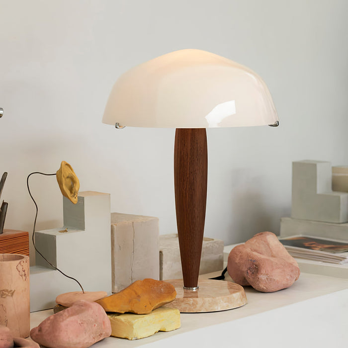 Mesalux - Elegante Tischlampe aus Glas & Walnuss mit Marmor