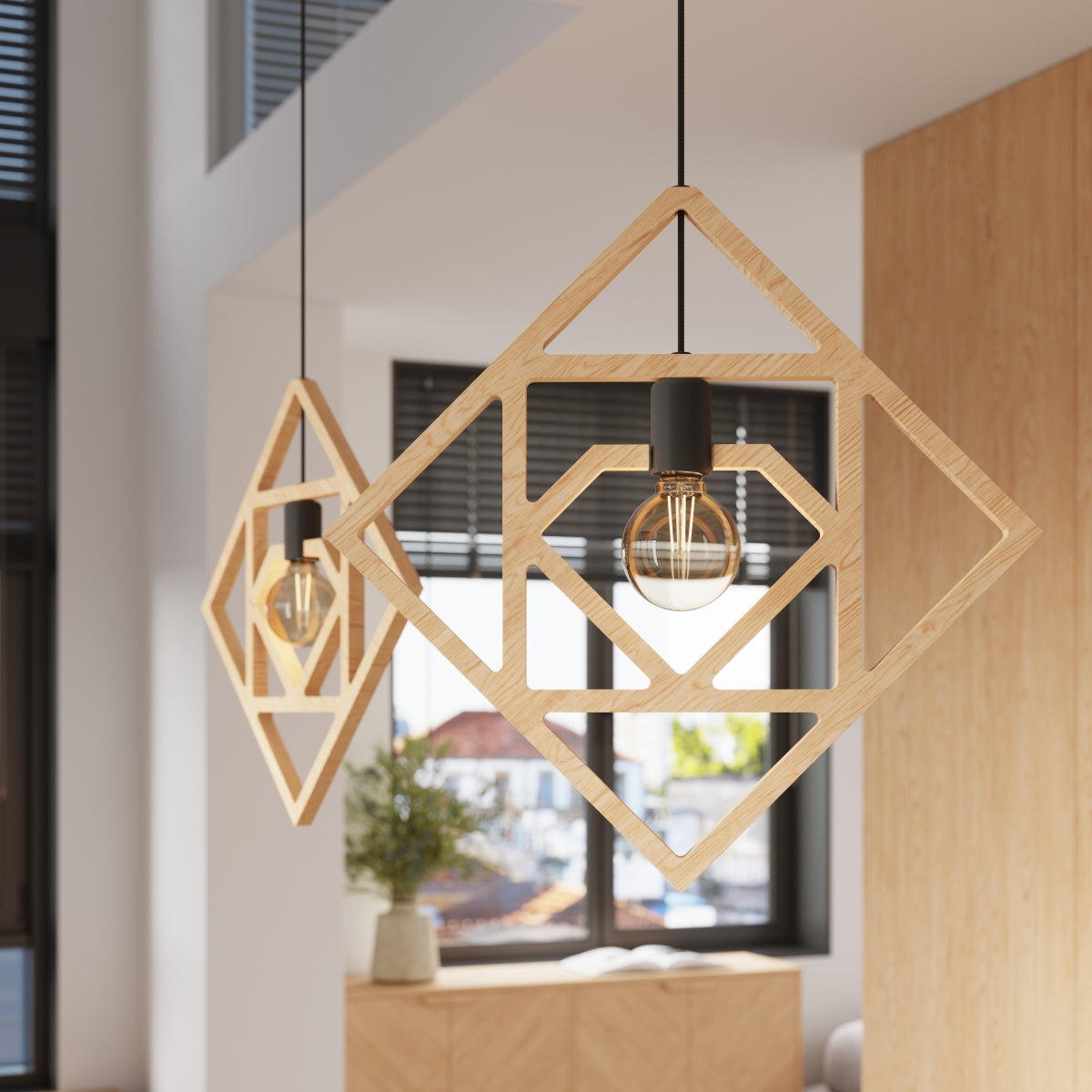 Claria - Pendelleuchte aus Naturholz im geometrischen Design
