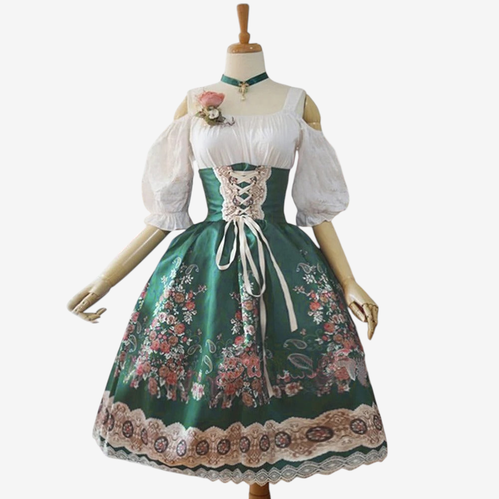 Dirndl für Damen mit Blumenmuster und Schürze