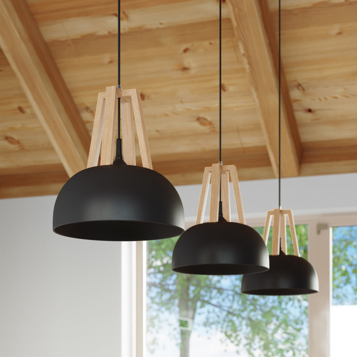 CASCO - Pendelleuchte, schwarz/Naturholz, 1-flammig E27