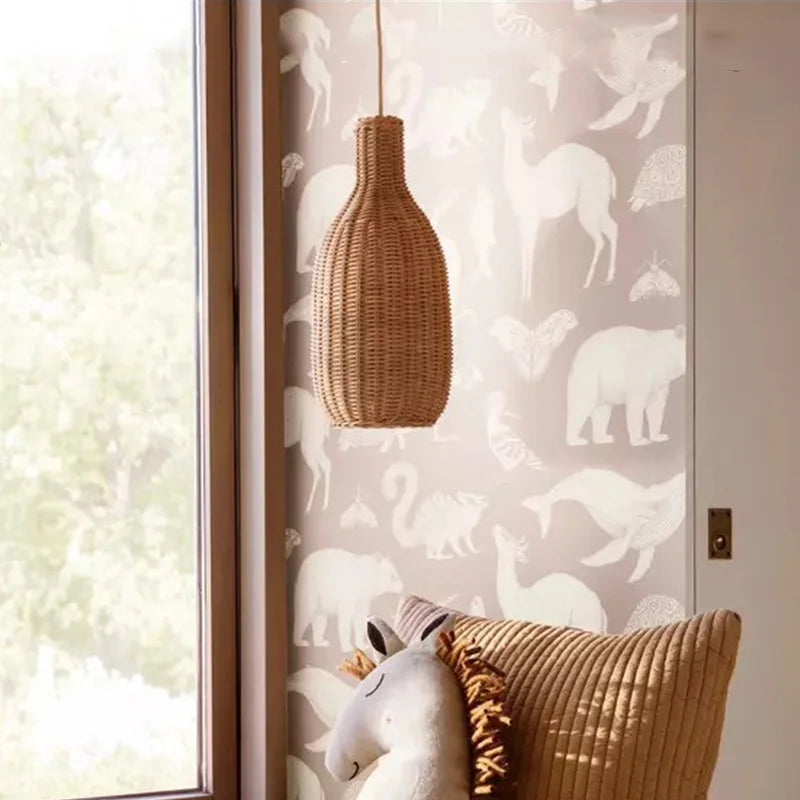 Handgeflochtene - Rattan-Pendelleuchte in Boho-Beige