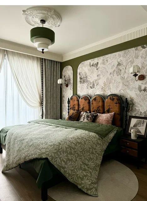 Polara - Boho-Hängeleuchte aus Stoff in Grün/Beige mit Holz-