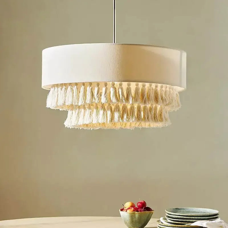 Boho - Wabi Sabi Stoff-Pendelleuchte mit Fransen