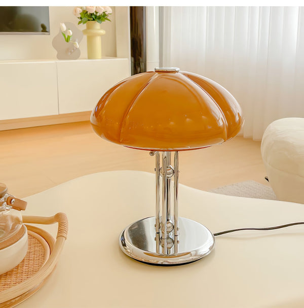 Lino - Bauhaus-Pilz-Tischleuchte mit bernsteinfarbenem