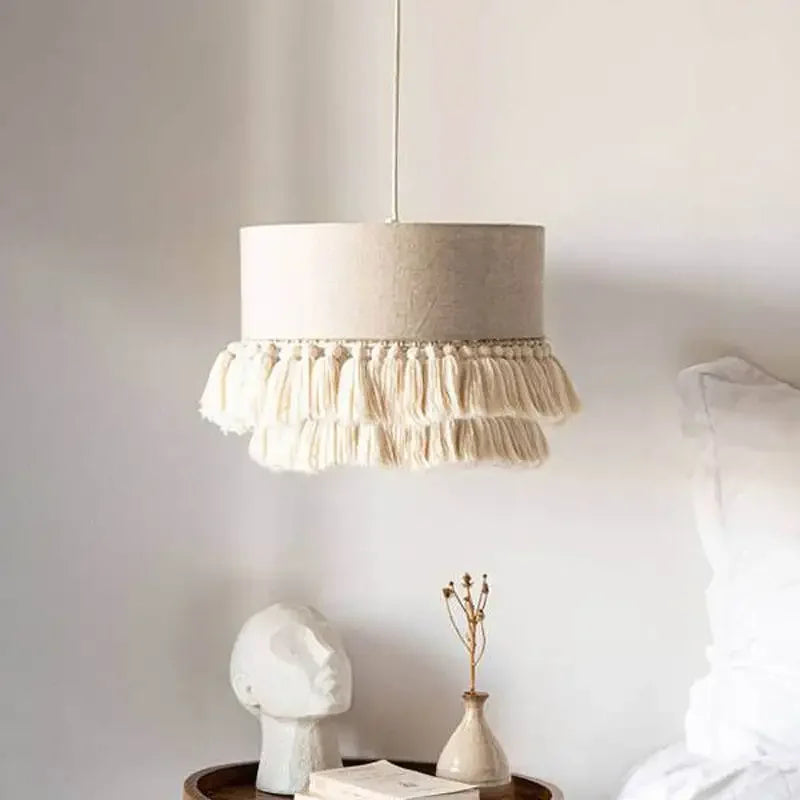 Boho - Wabi Sabi Stoff-Pendelleuchte mit Fransen