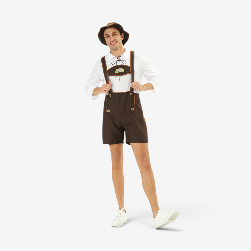 Herren Kurze Trachtenlederhose mit Besticktem Brustlatz