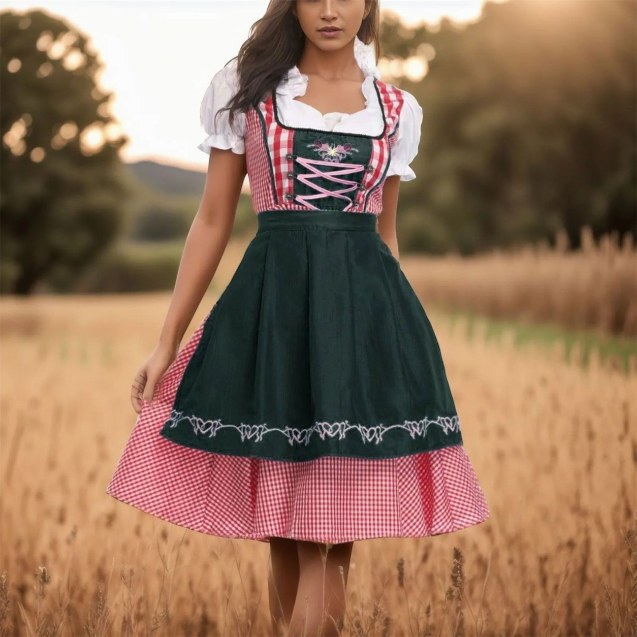 Karierte Oktoberfest Dirndl für Damen mit Schürze