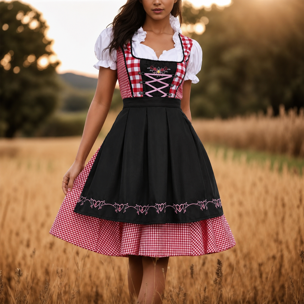 Karierte Oktoberfest Dirndl für Damen mit Schürze