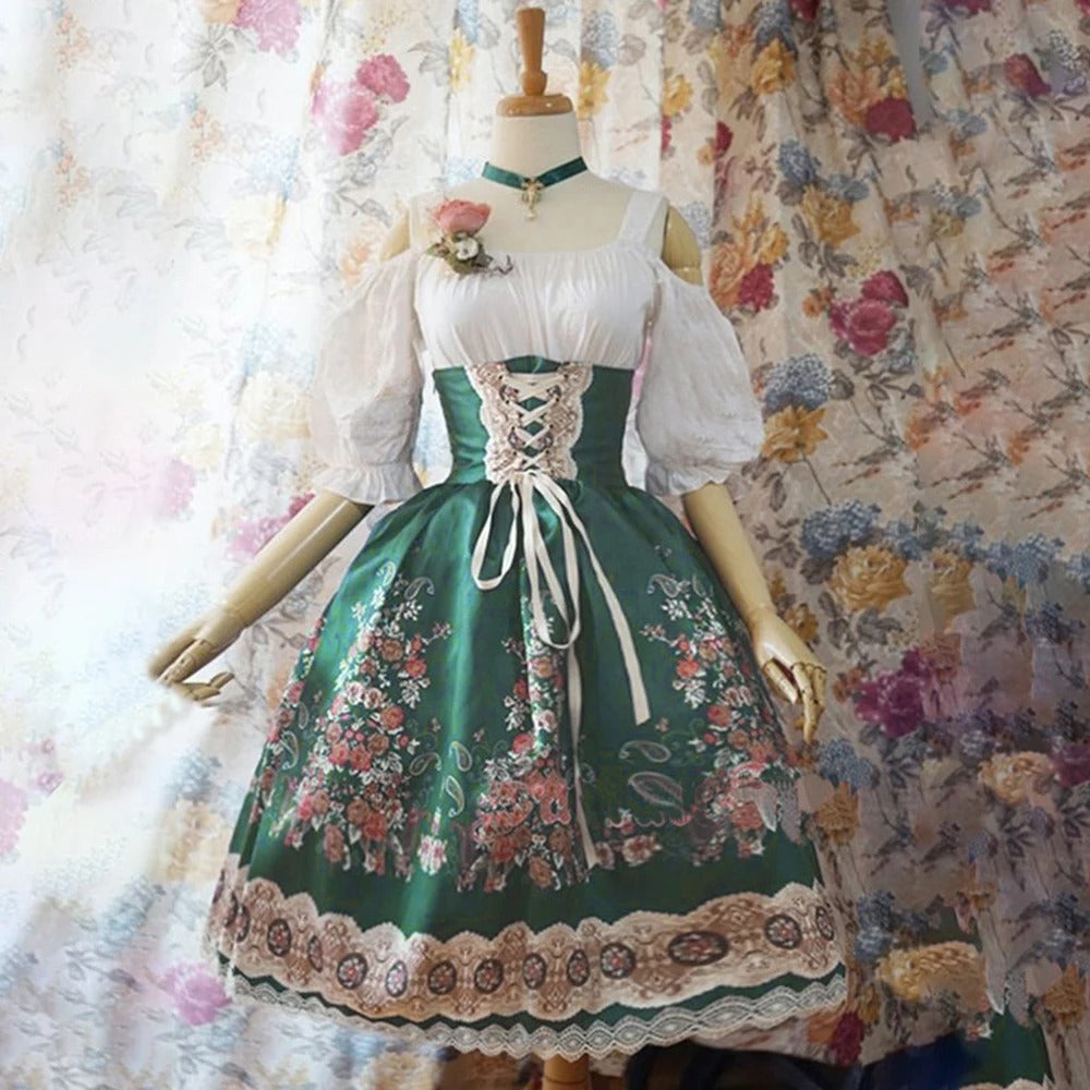 Dirndl für Damen mit Blumenmuster und Schürze
