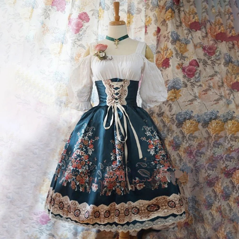 Dirndl für Damen mit Blumenmuster und Schürze
