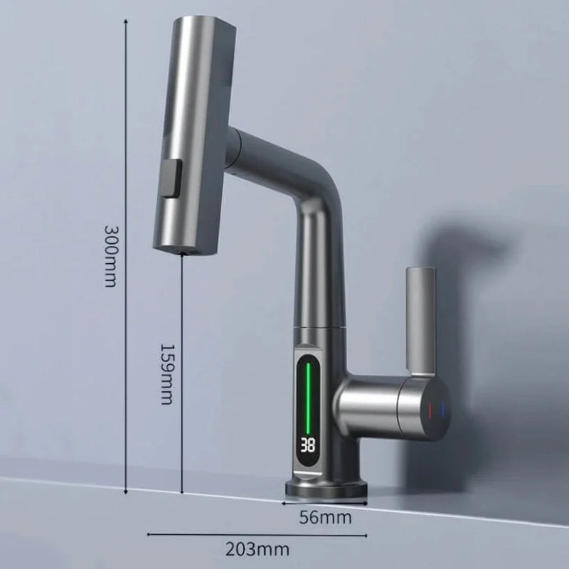 AquaVanta - Küchenarmatur mit Digitalanzeige, ausziehbarem Sprühkopf und Wasserfallauslauf