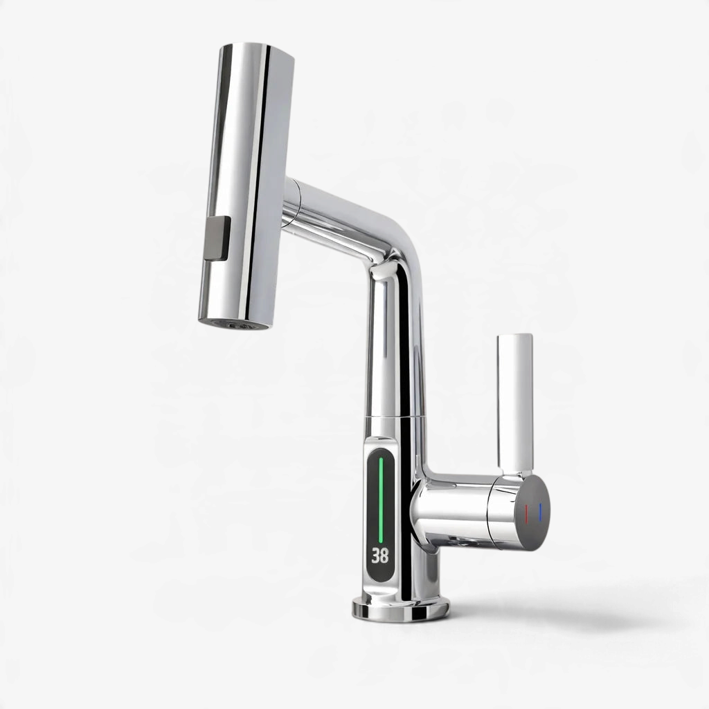 AquaVanta - Küchenarmatur mit Digitalanzeige, ausziehbarem Sprühkopf und Wasserfallauslauf