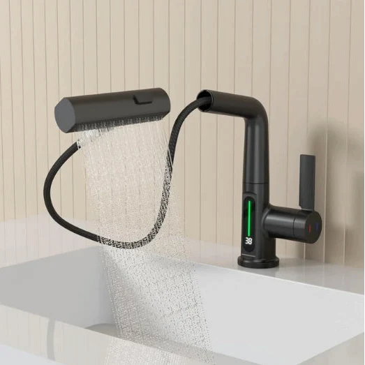 AquaVanta - Küchenarmatur mit Digitalanzeige, ausziehbarem Sprühkopf und Wasserfallauslauf