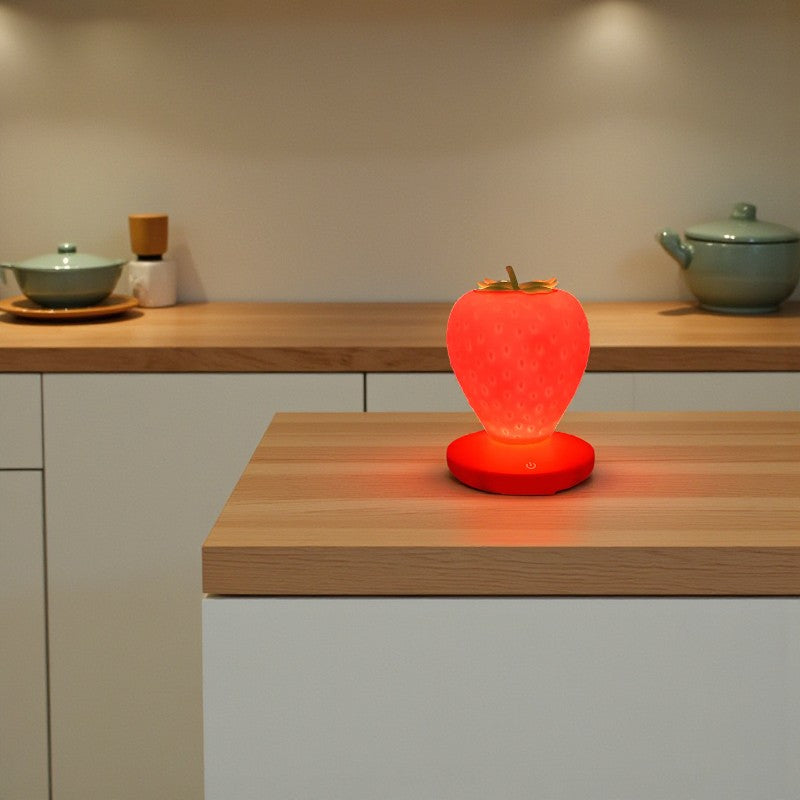 Erdbeerförmige Keramik-Tischlampe mit wiederaufladbarem Akku für verspieltes Licht im Kinder- und Schlafzimmer