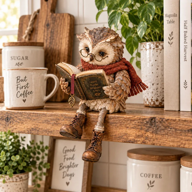 Lesevia – Lesende Eulenfigur mit Buch und runder Brille